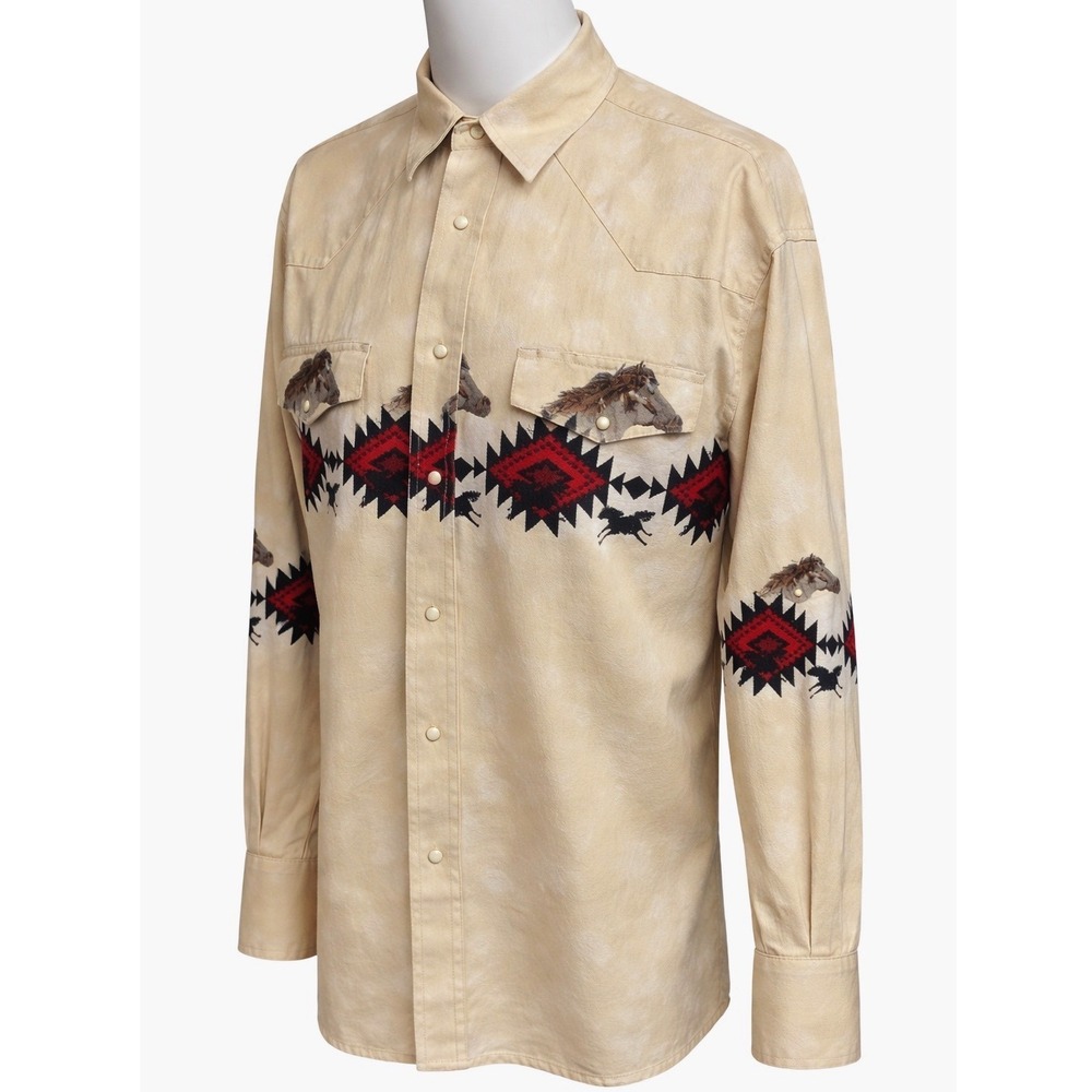 Wrangler Men's Collared Long Sleeve Western Cowboy Horse Pearl Snap Shirt Size L - Picture 4 of 10